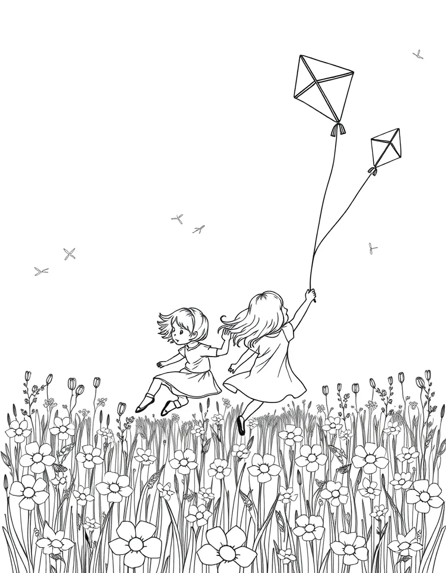Children flying kites in a field of spring flowers