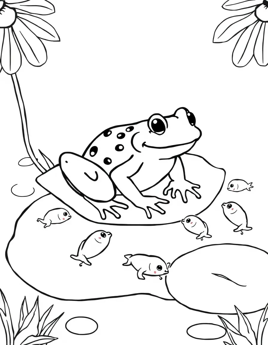 A frog sitting on a lily pad surrounded by tadpoles