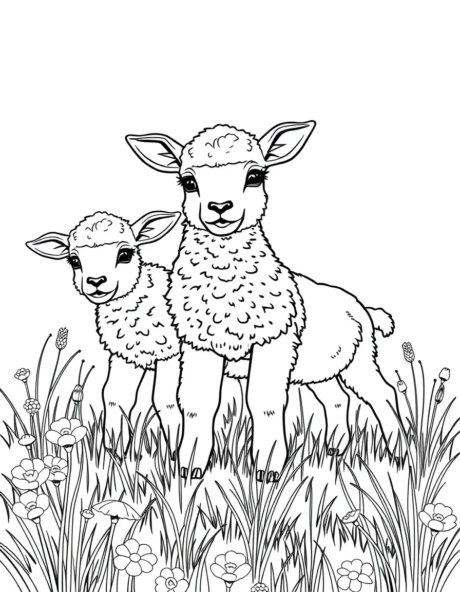 Spring lambs playing in a meadow with detailed fleece