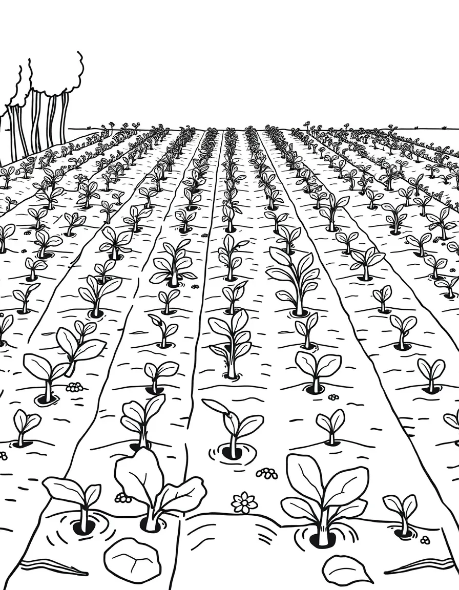 A vegetable garden with neat rows and sprouting seedlings