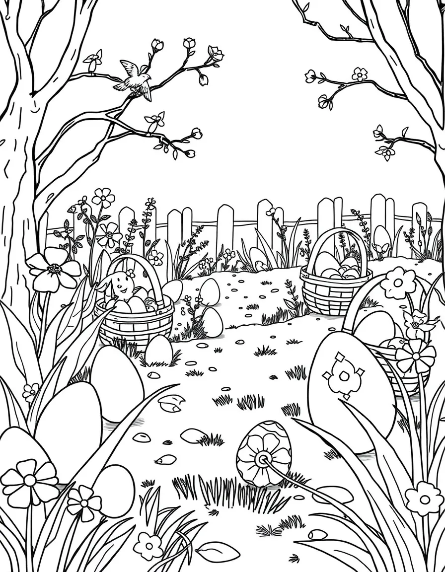 An Easter egg hunt in a garden with hidden eggs and baskets
