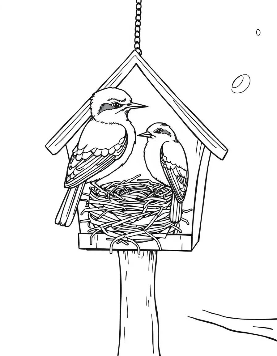 A bluebird pair building a nest in a birdhouse