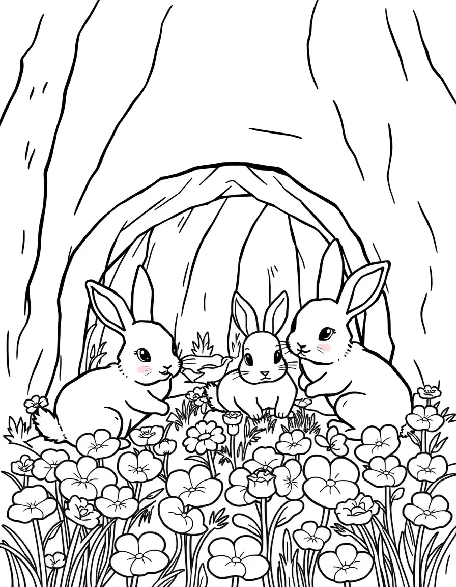 A rabbit warren with baby bunnies in a clover patch