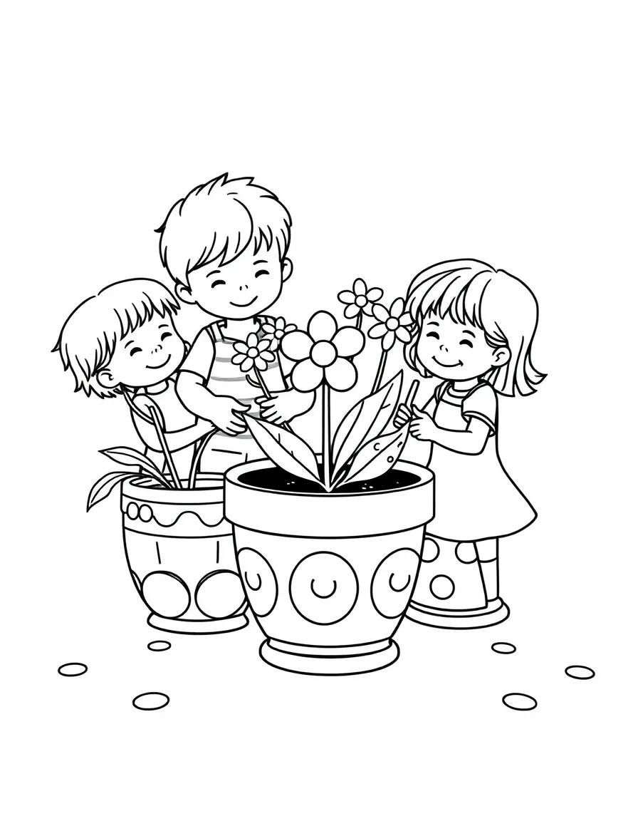 Children planting flowers in decorative garden pots