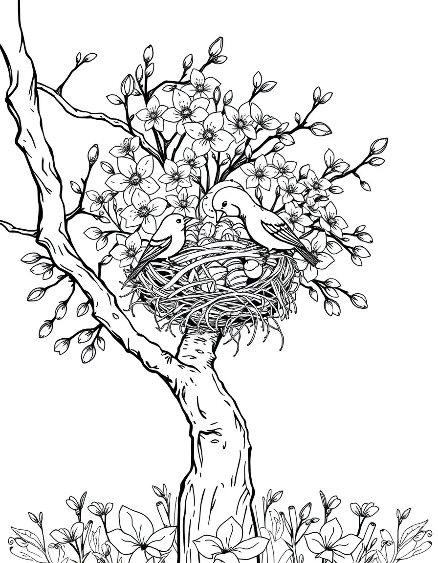 Spring birds returning to build nests in a flowering tree