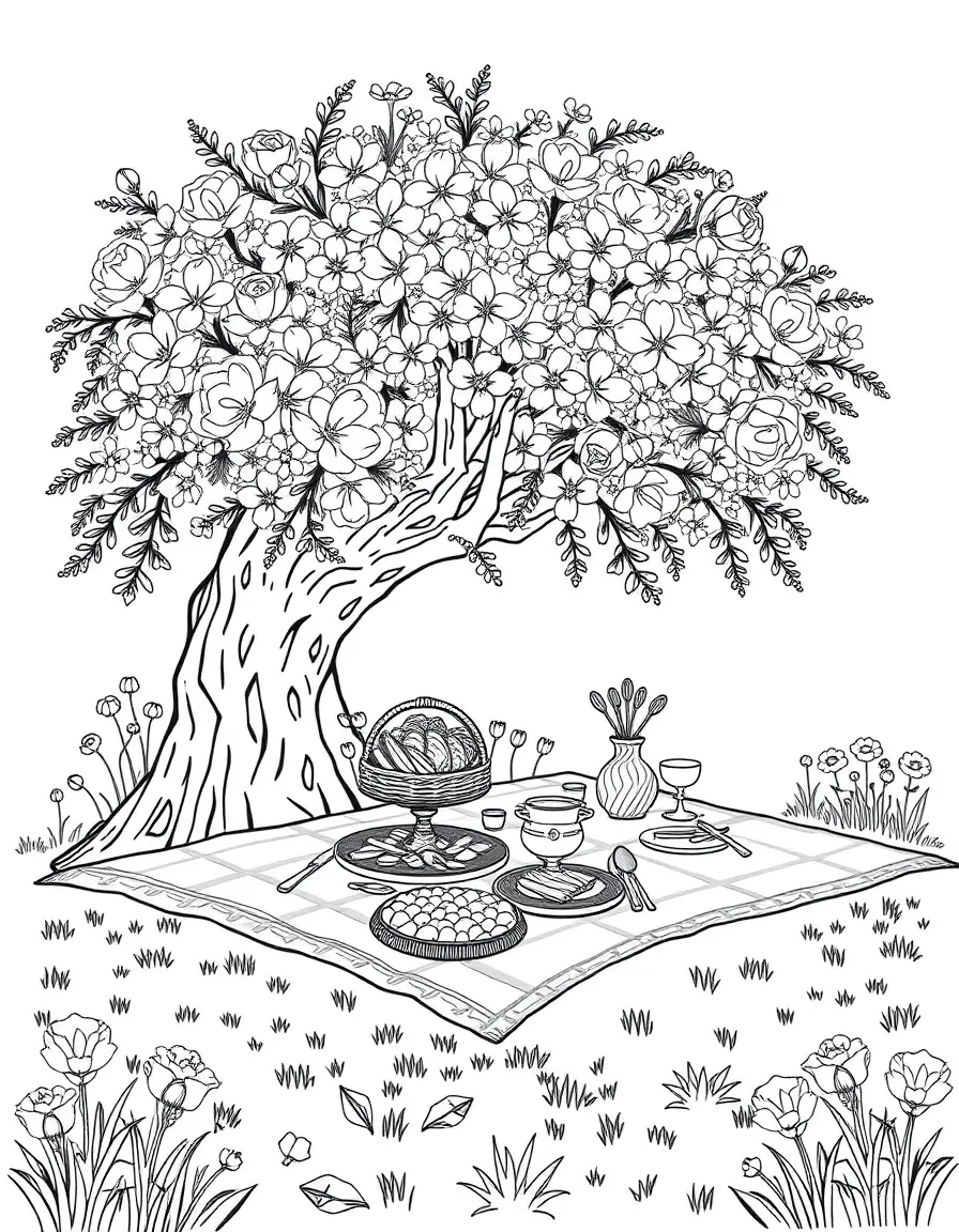 A spring picnic under a flowering tree with detailed food spread