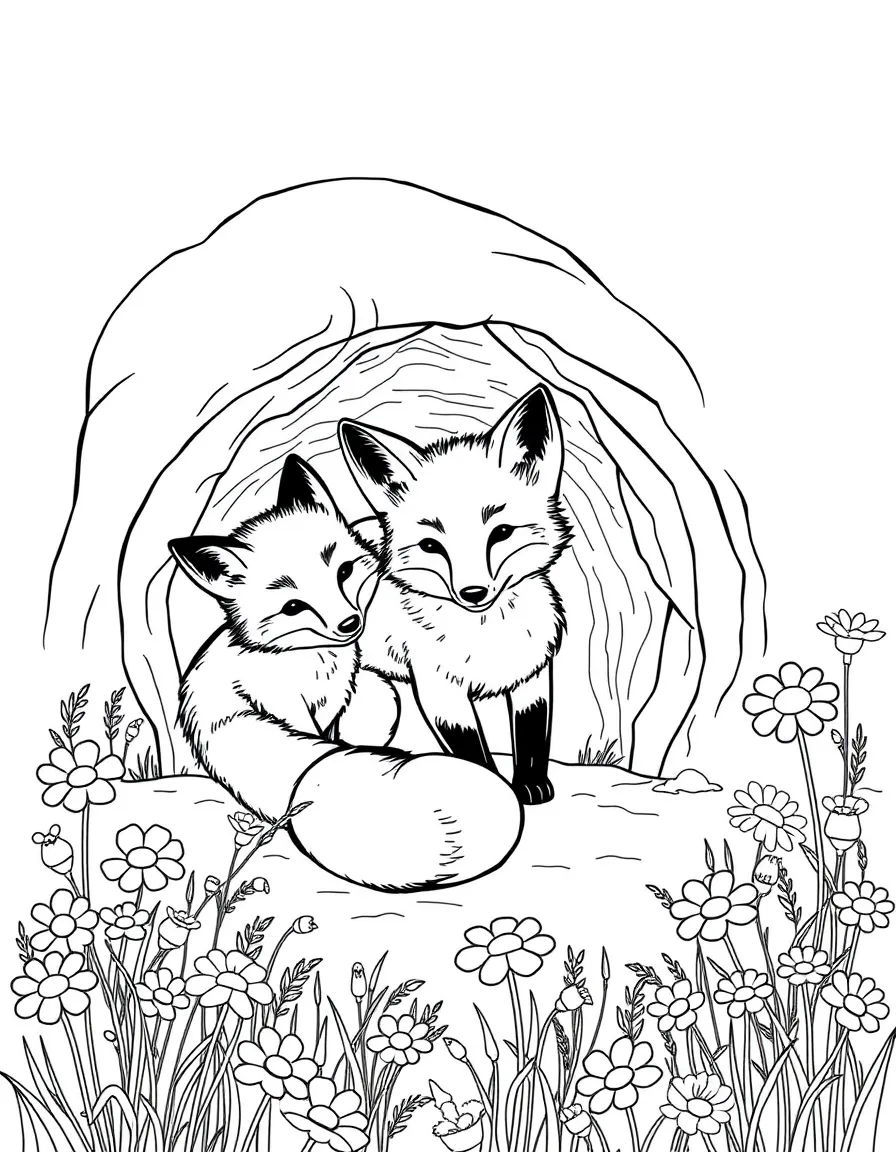 Baby foxes playing outside their den surrounded by wildflowers