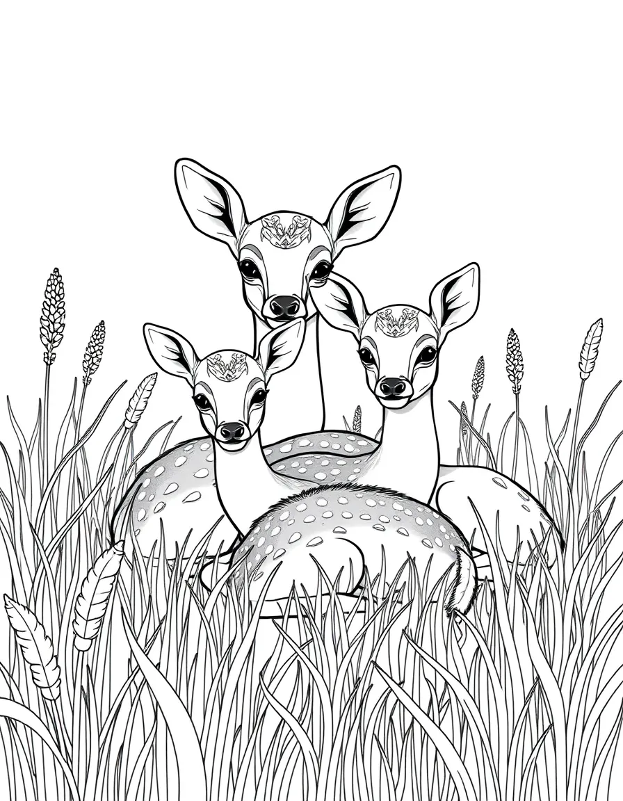 A meadow with newborn fawns resting in tall grass