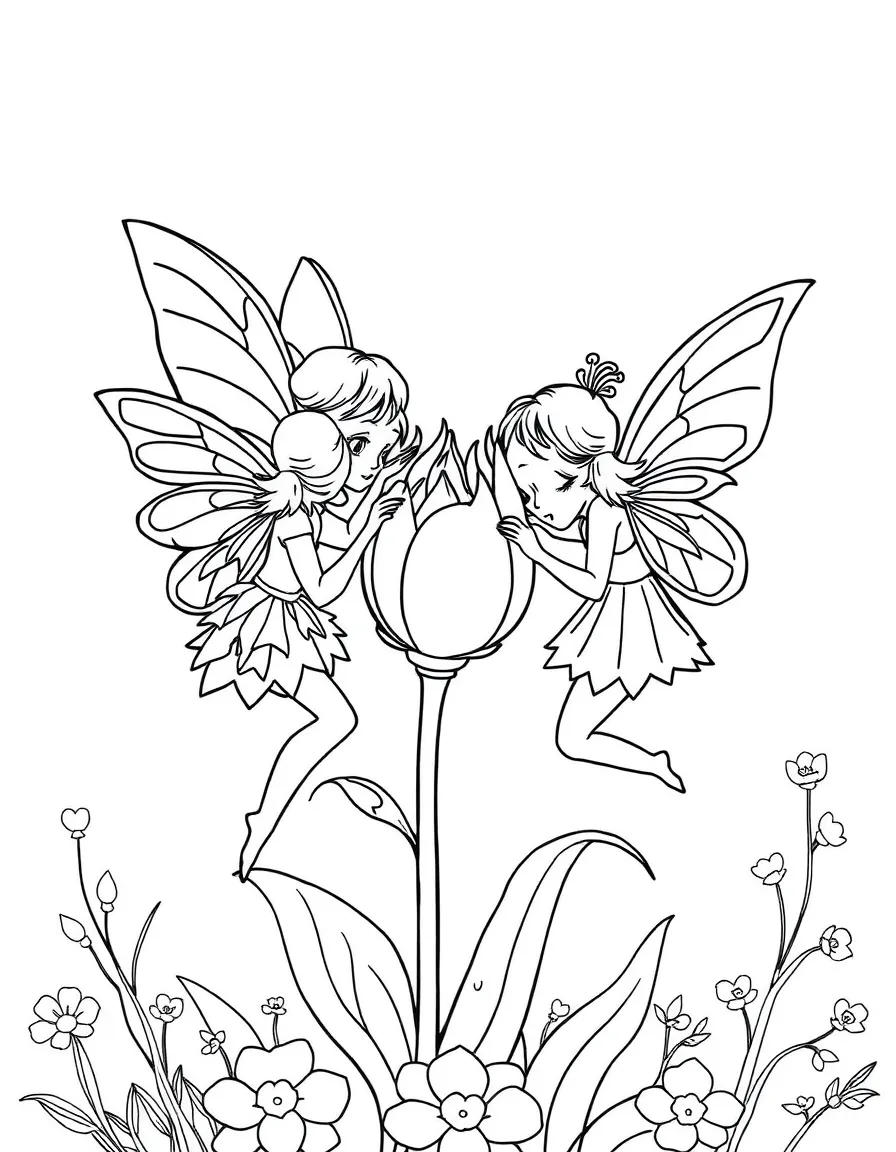 Spring fairies tending to opening flower buds