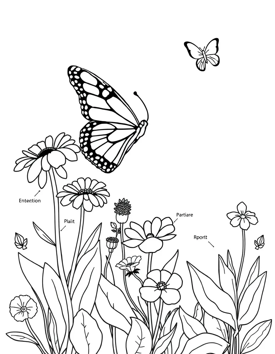 A spring butterfly garden with labeled plant varieties