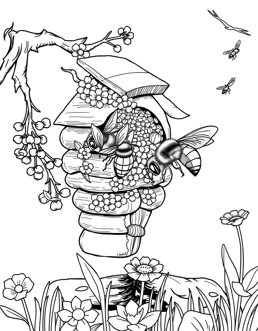 A detailed beehive with bees collecting spring nectar