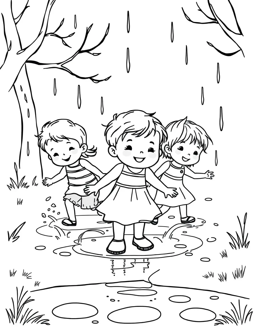 Children splashing in puddles after a spring rain