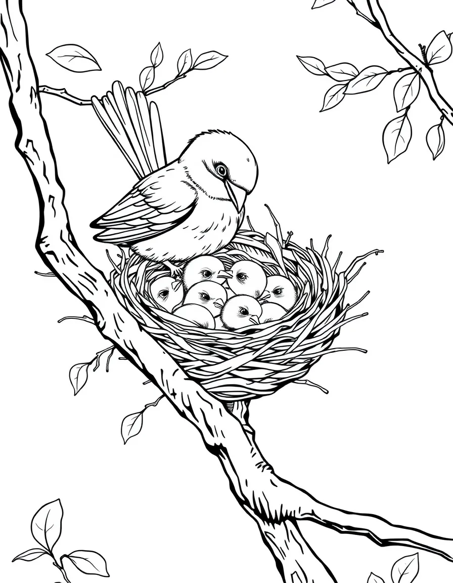 A mother bird feeding her nestlings in a detailed nest