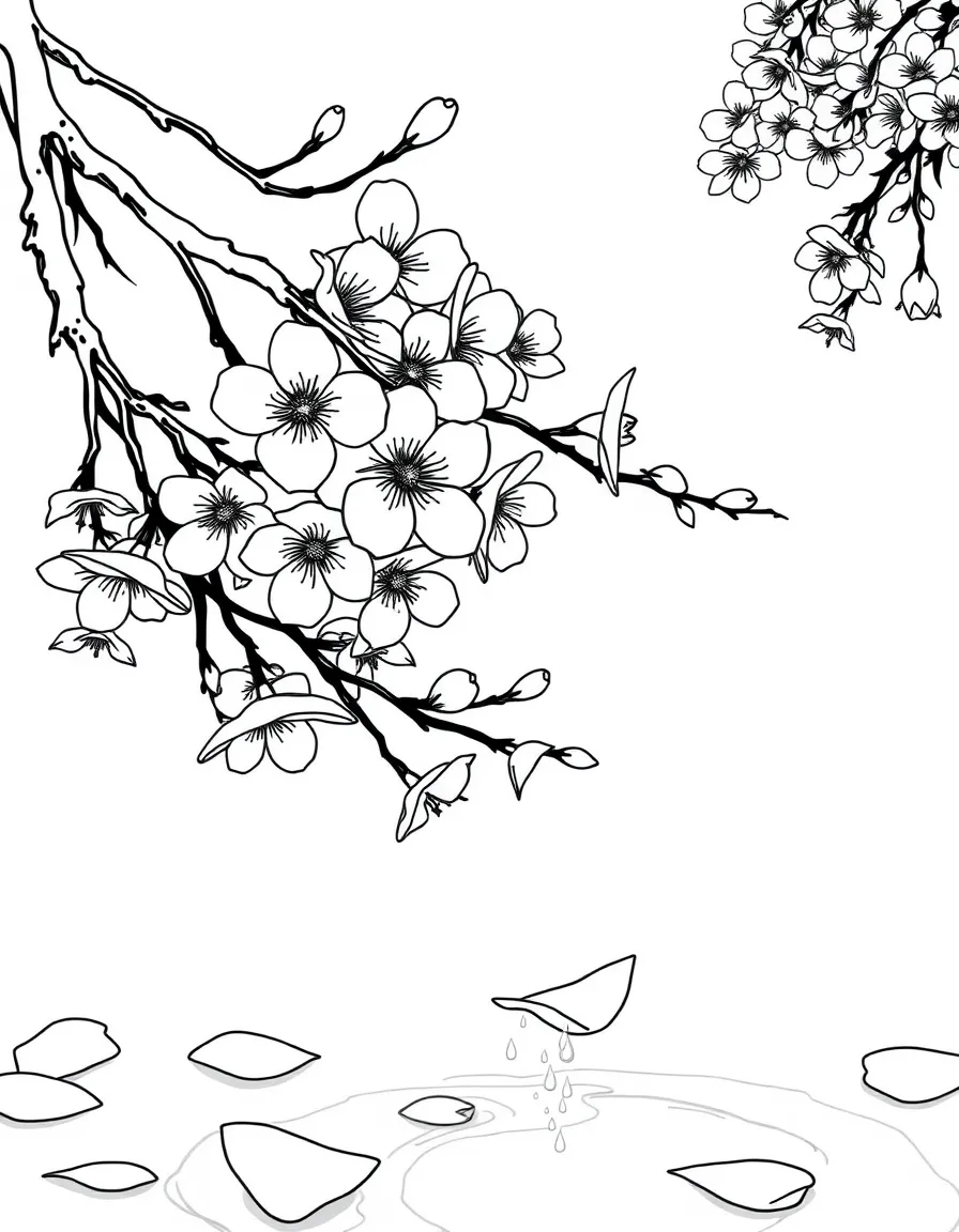 Cherry blossom petals floating on a pond surface