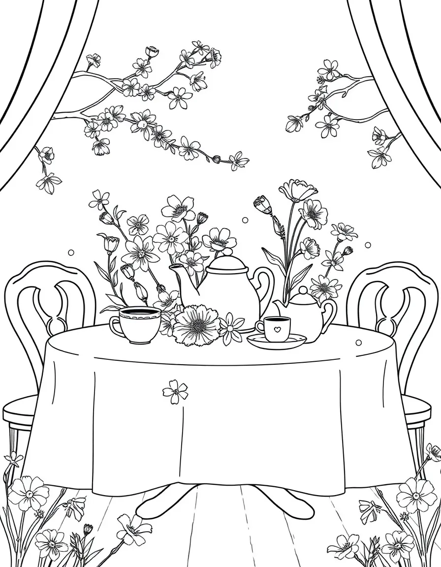 A spring tea party with flowers decorating the table