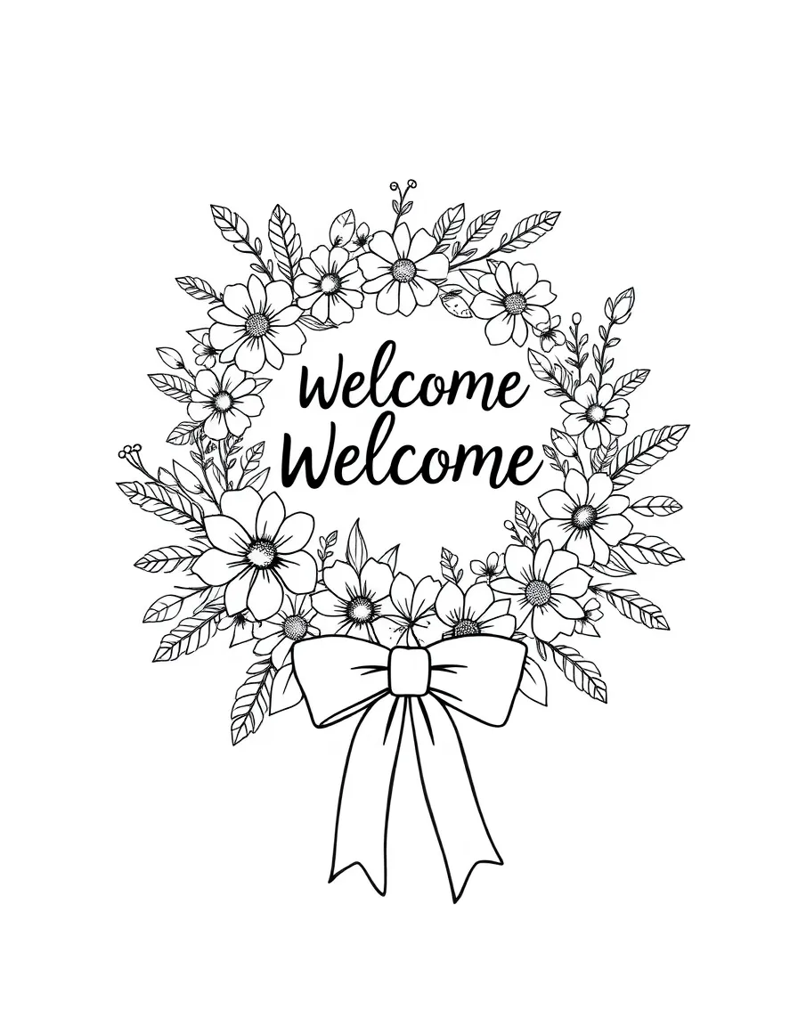 A spring welcome wreath with seasonal flowers and ribbons
