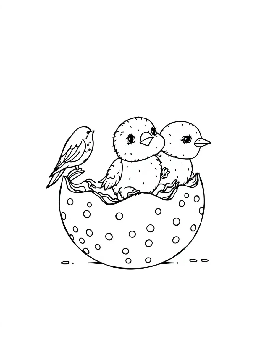 Baby birds hatching from detailed, speckled eggs
