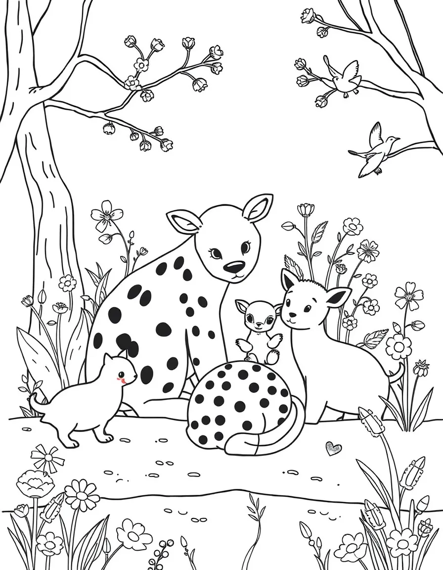 Mother and baby animals in various spring habitats