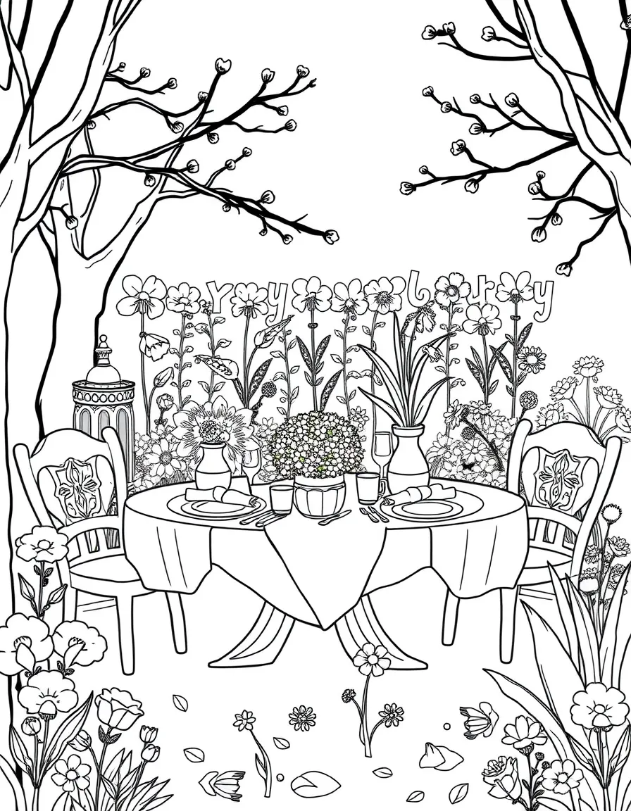 A spring garden party with decorated tables and activities