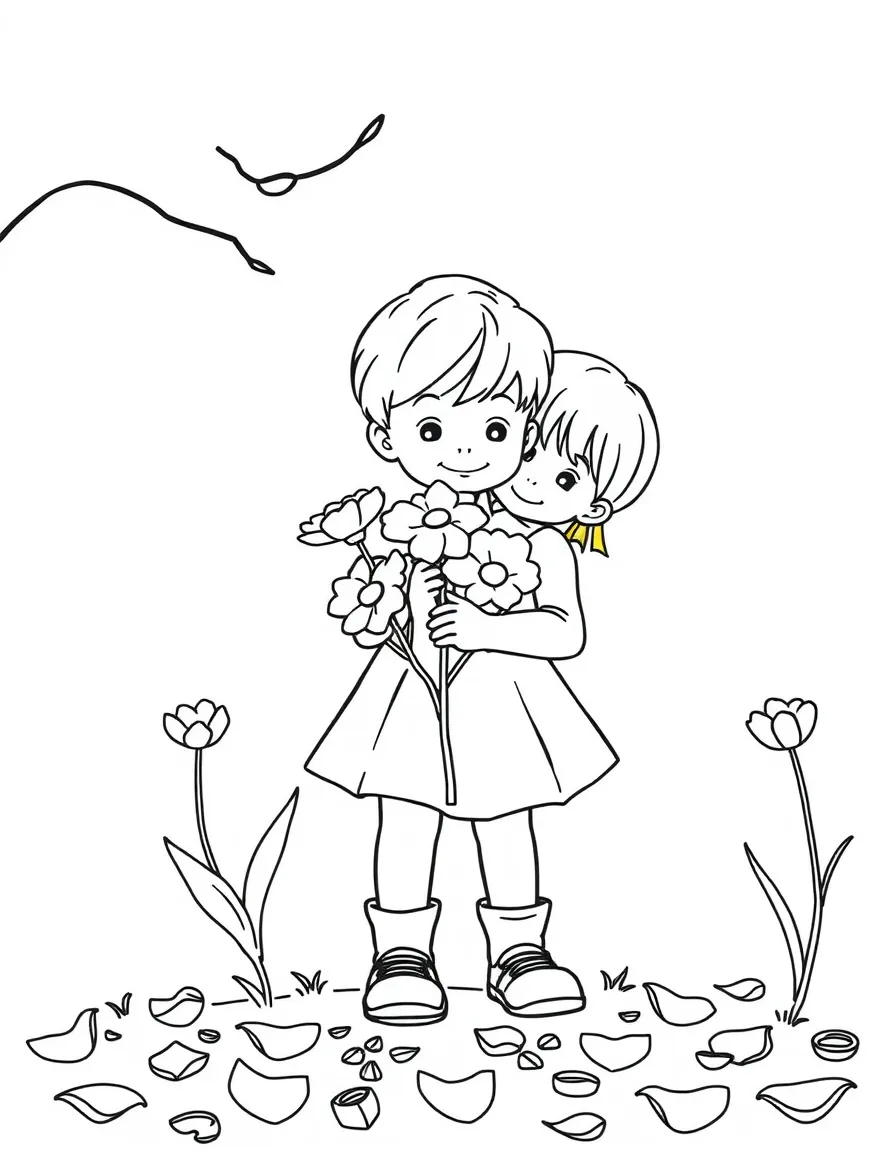 Children collecting flower petals for spring crafts