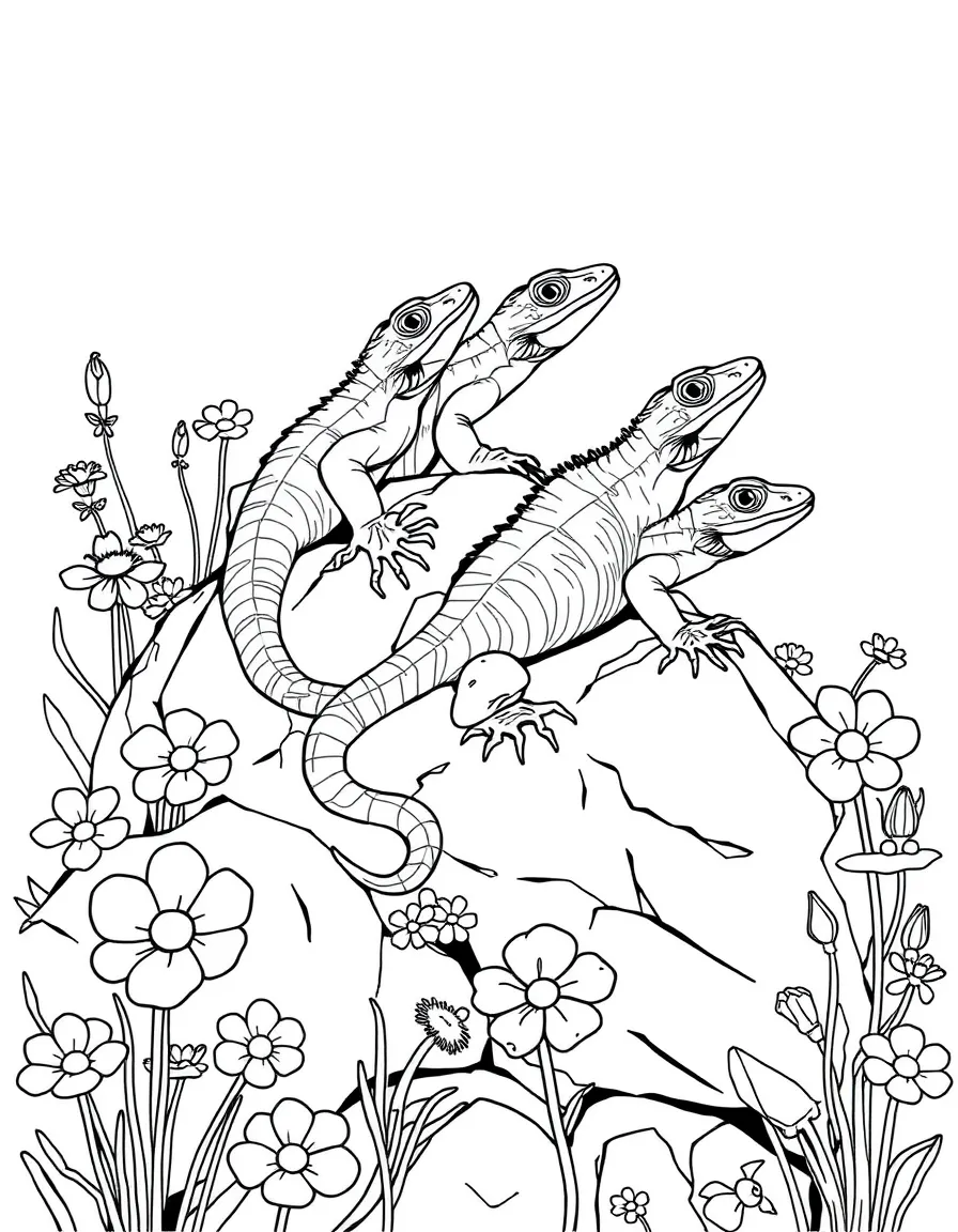 Spring lizards sunning on rocks surrounded by flowers