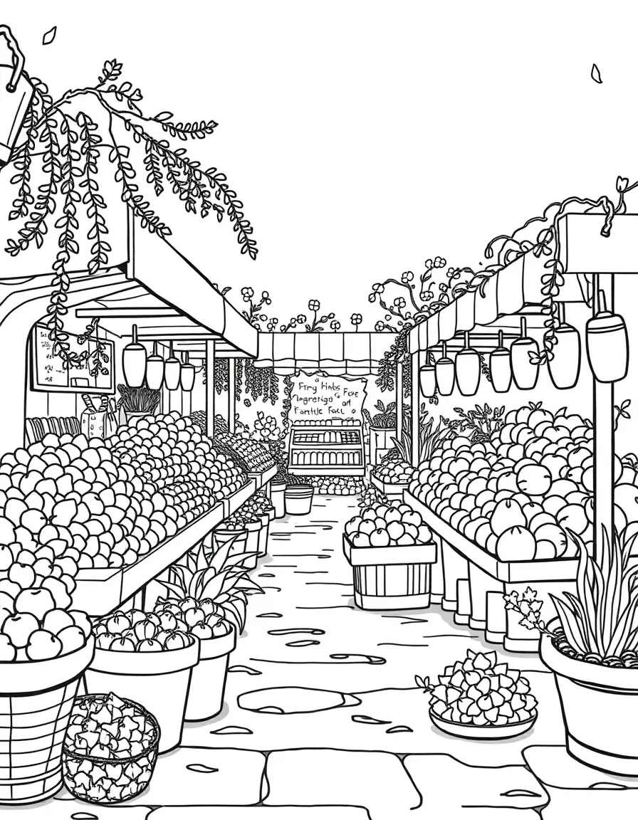A detailed farmers' market with spring produce stalls