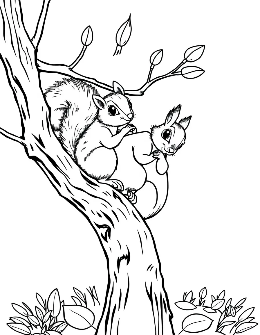 Baby squirrels learning to climb in a budding tree