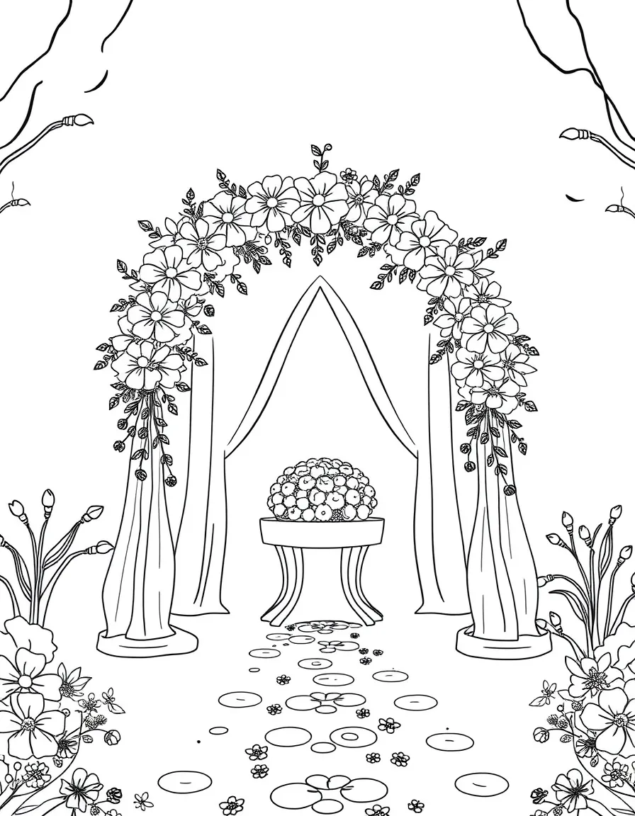 A spring wedding scene with flower arches and decorations