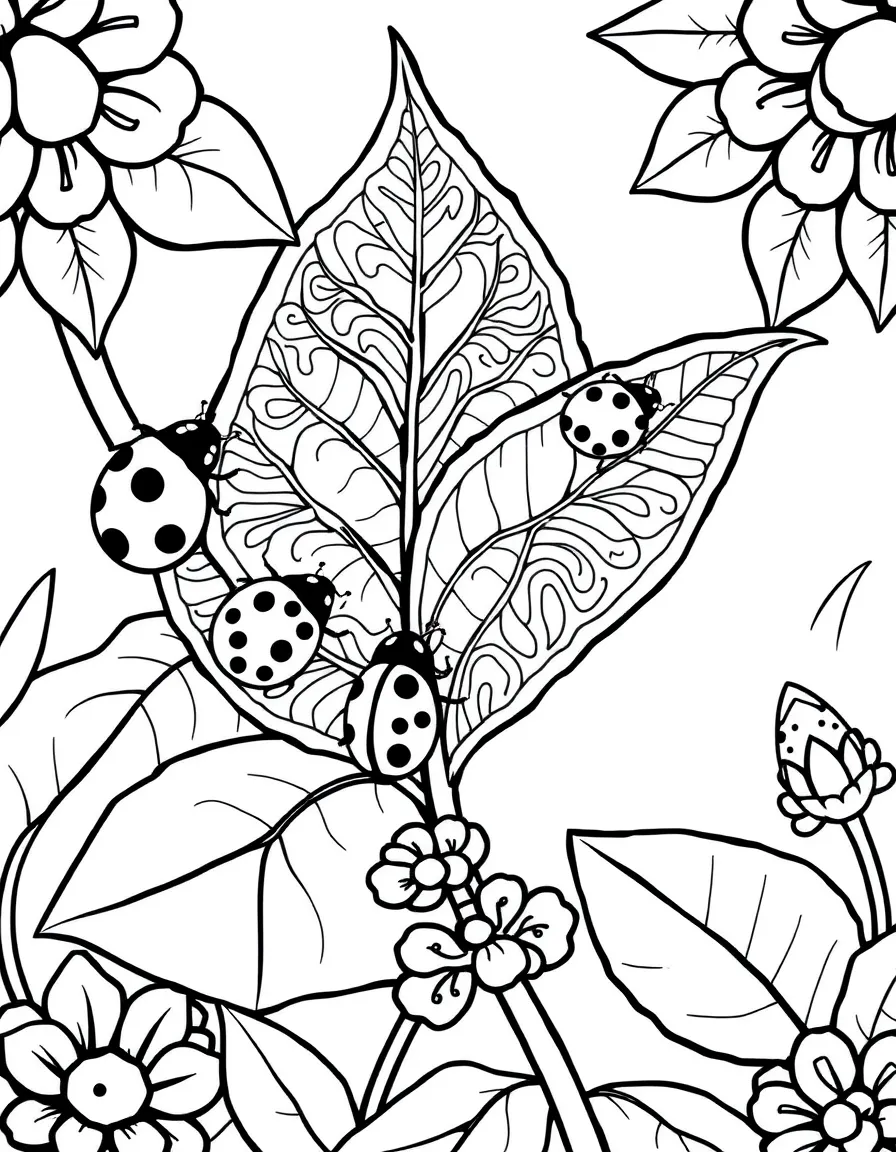 Ladybugs on intricate leaf patterns in a garden