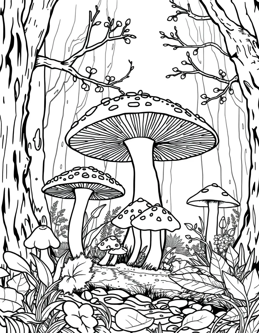 Spring mushroom hunting in a detailed forest scene