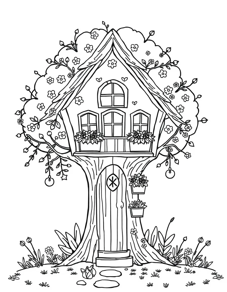 A tree house with spring decorations and flower boxes