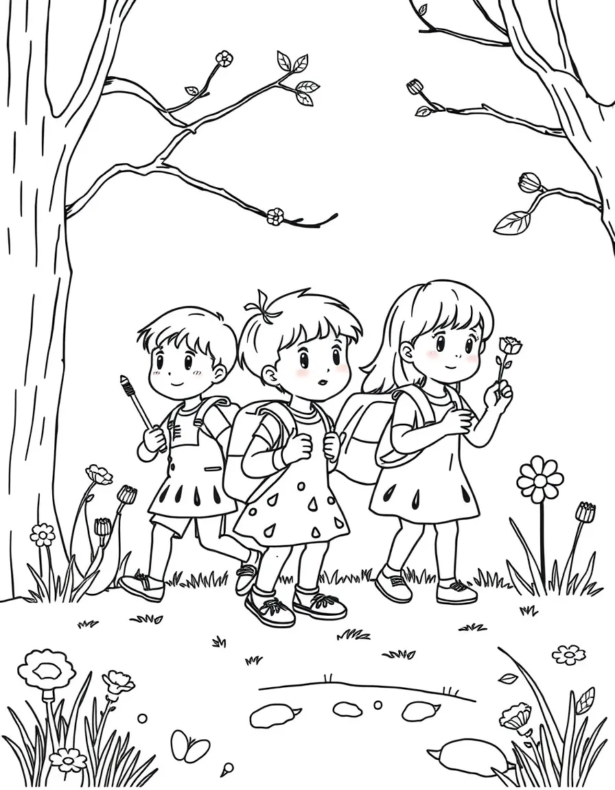 Children on a spring nature scavenger hunt
