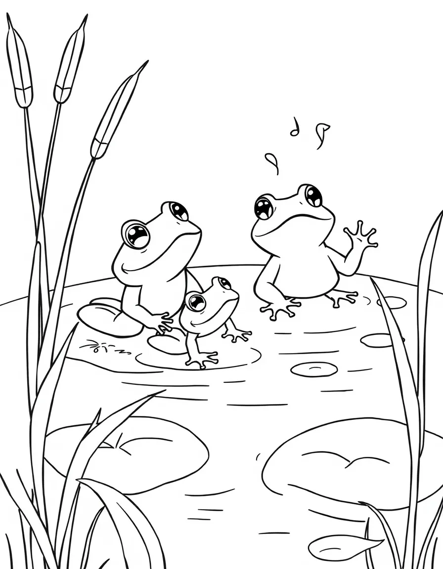 Frogs singing in a pond surrounded by cattails