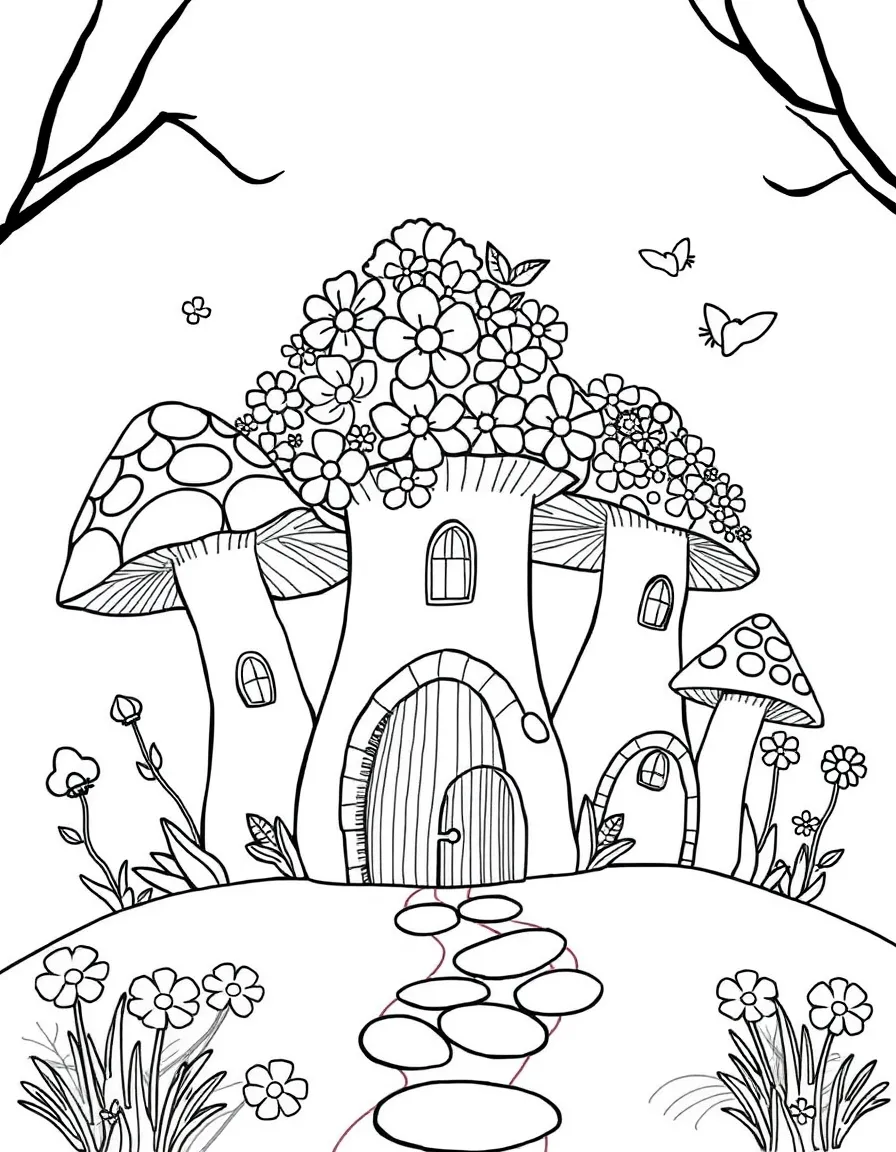 A spring fairy village with flower-capped mushroom houses