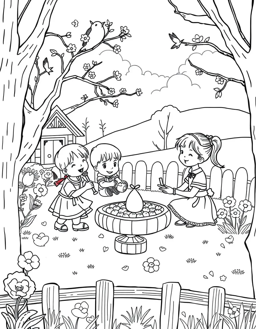 A spring scene with children playing traditional games