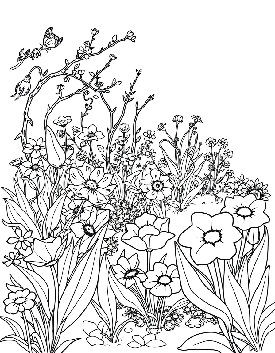 A spring garden with detailed flower bed designs
