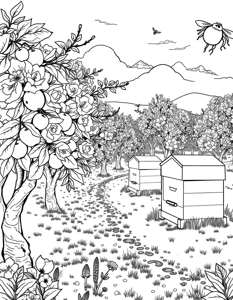 An apple orchard in full spring bloom with beehives