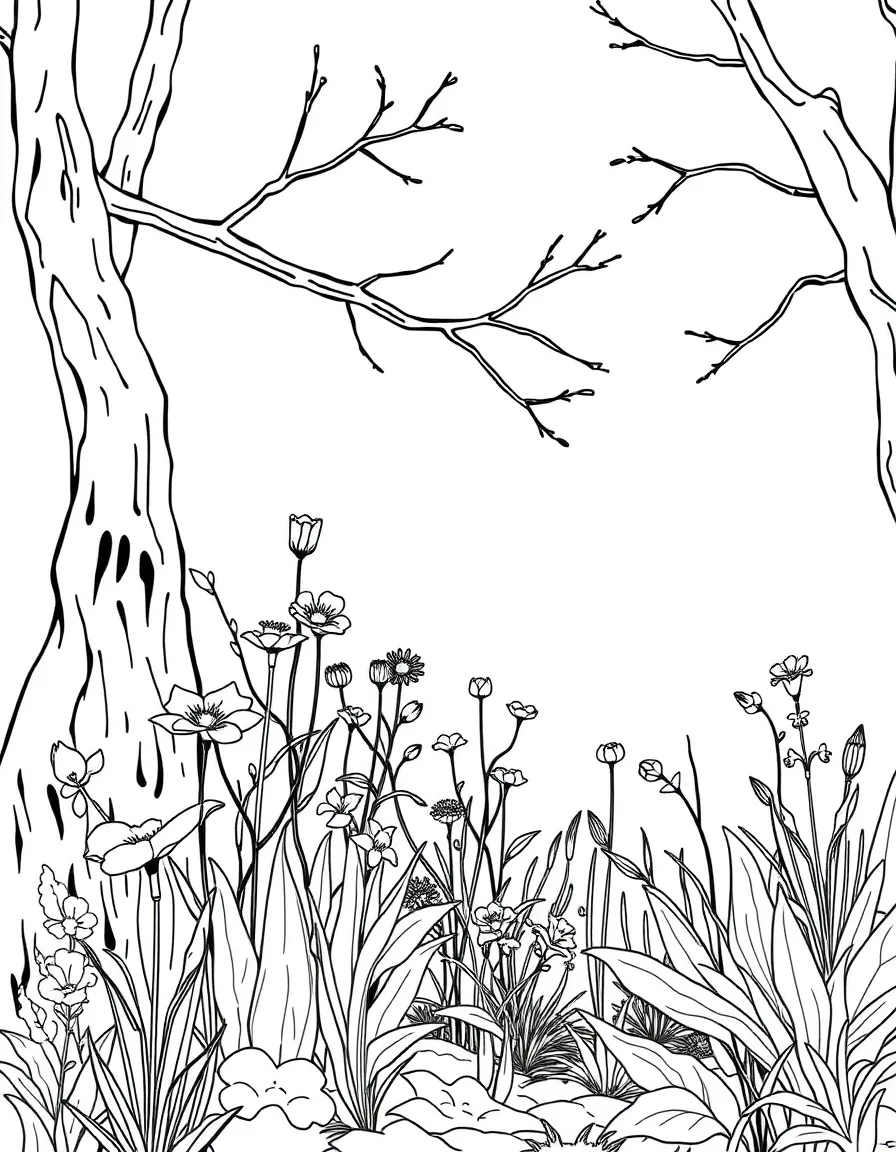 A woodland scene with spring ephemeral wildflowers
