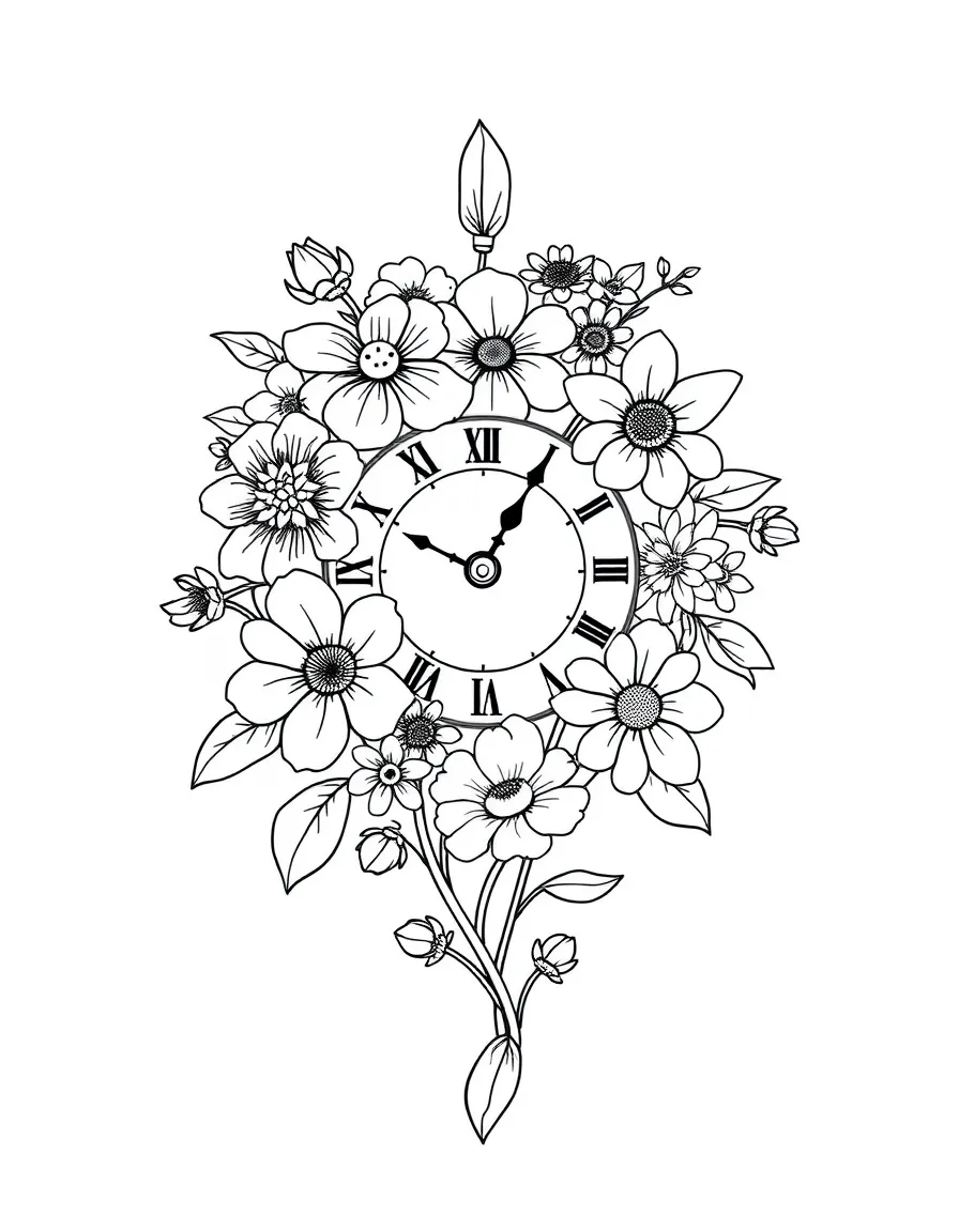 A detailed spring flower clock with different blooms