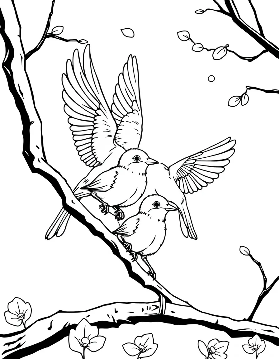 Spring birds teaching their fledglings to fly