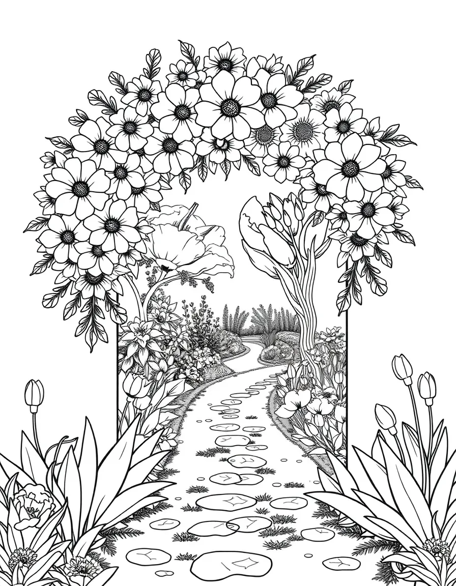 A floral archway leading into a spring garden