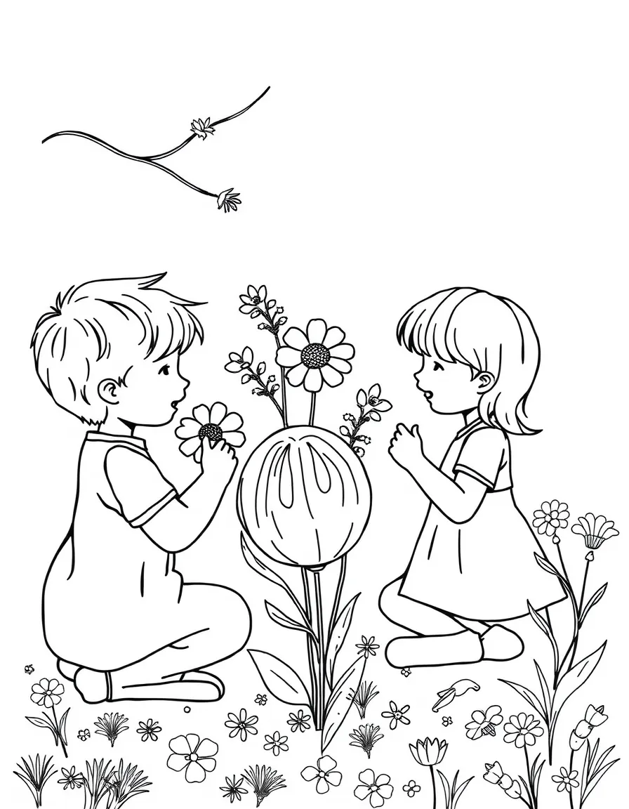 Children creating spring crafts with pressed flowers