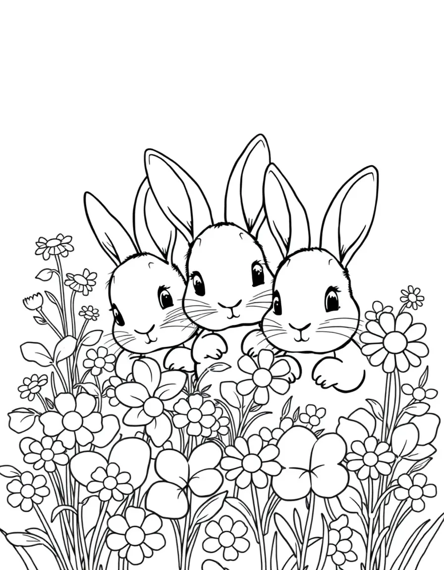 Baby rabbits hiding in a patch of clover and daisies