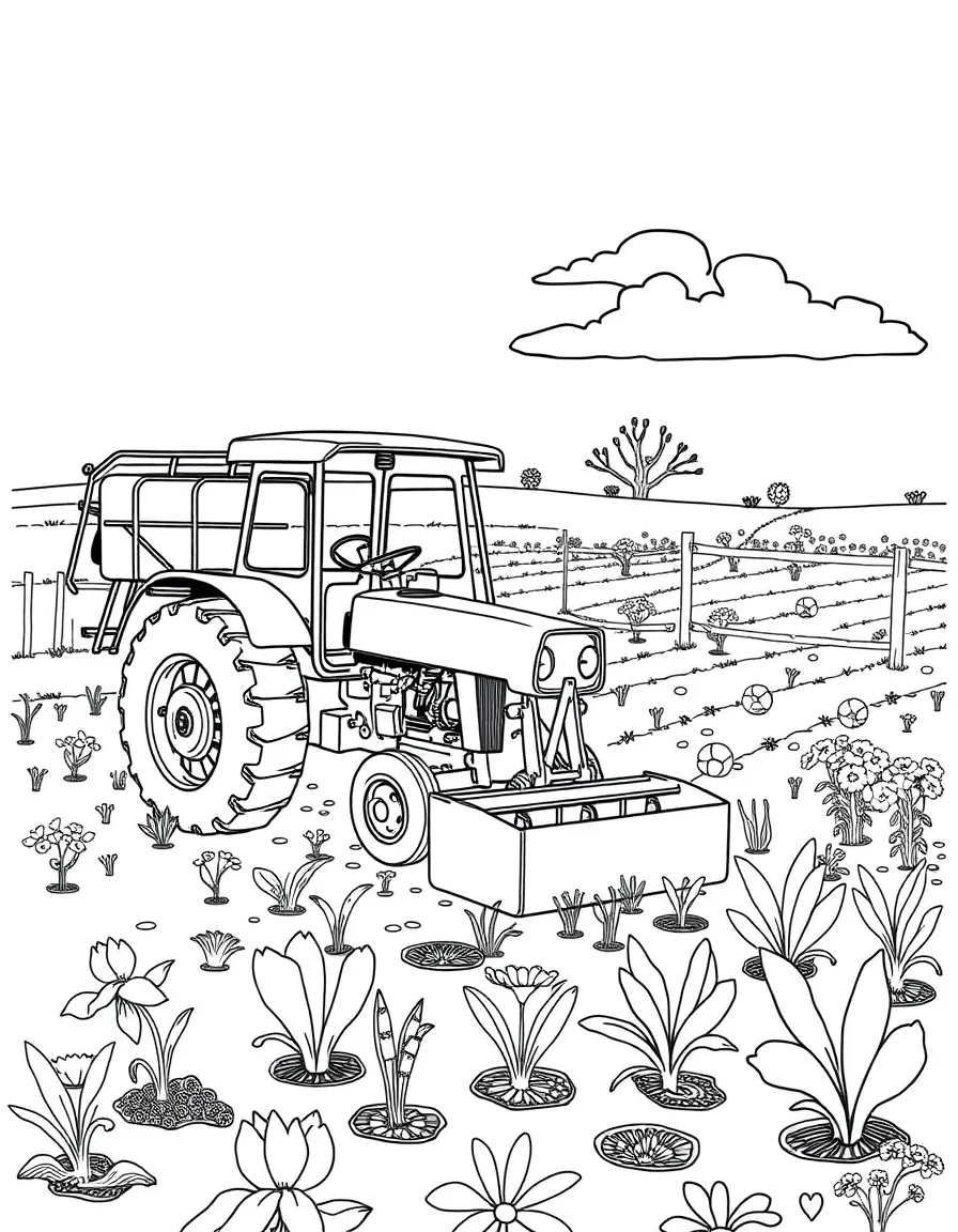A spring farmers' planting scene with detailed equipment
