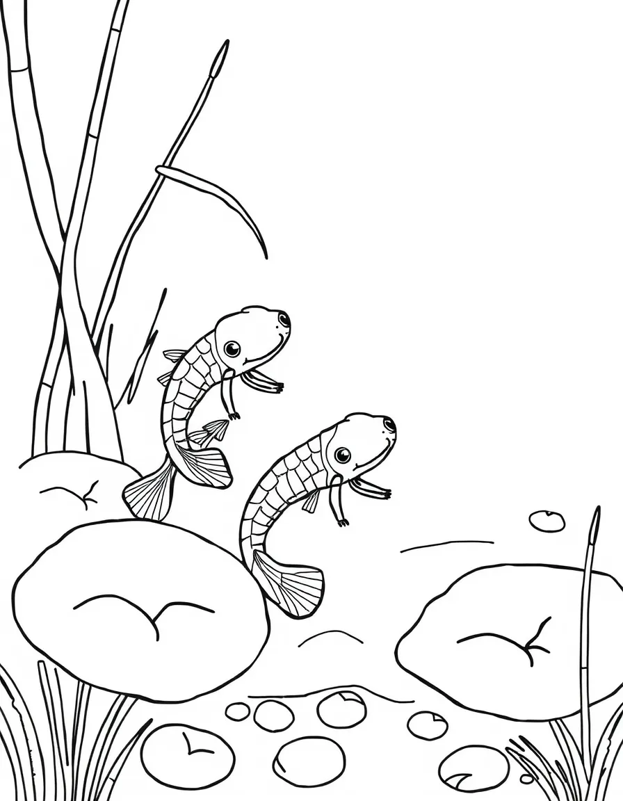 Tadpoles developing in a detailed pond ecosystem