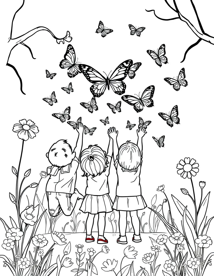 Children releasing butterflies into a spring garden