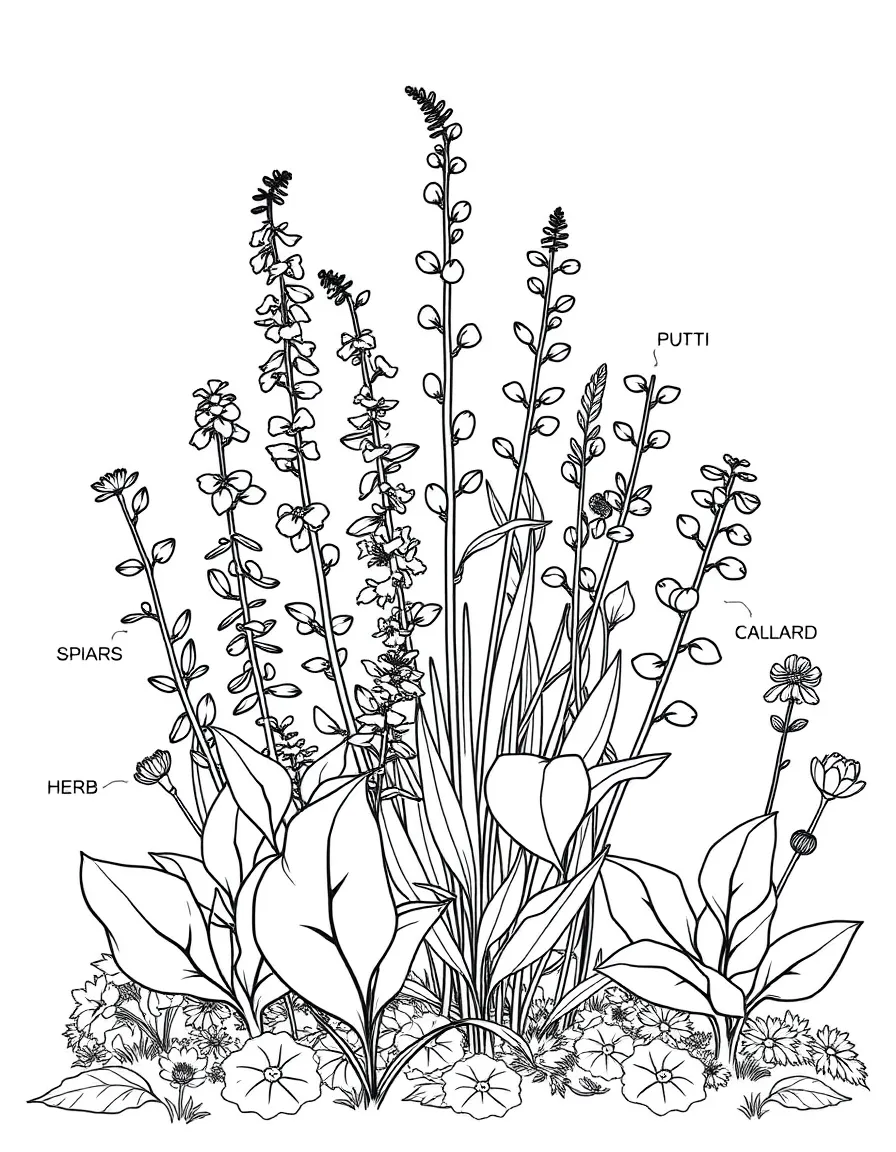 Detailed spring herb garden with labeled plants