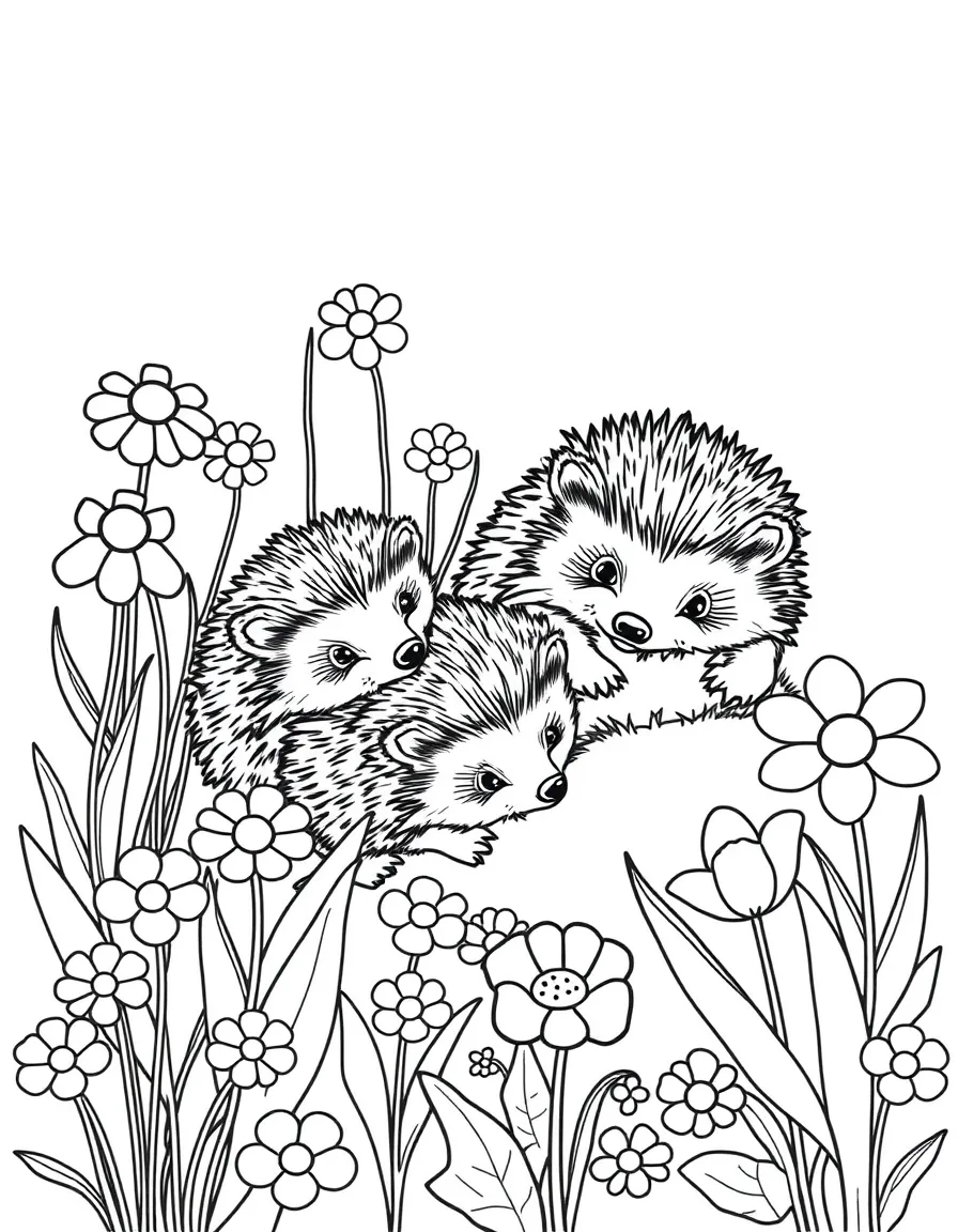 Baby hedgehogs exploring a garden of spring flowers