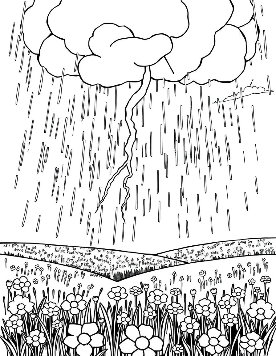 A spring rainstorm with lightning over flowering fields