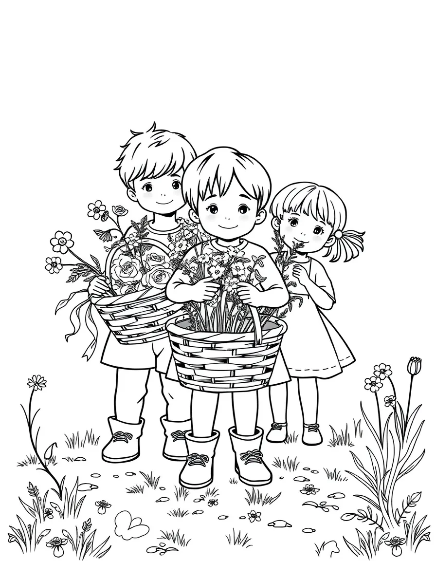 Children collecting spring herbs and flowers in baskets